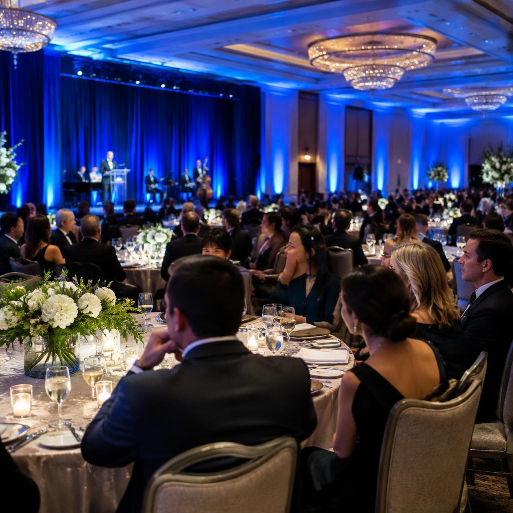 Guests at a blue-lit corporate gala