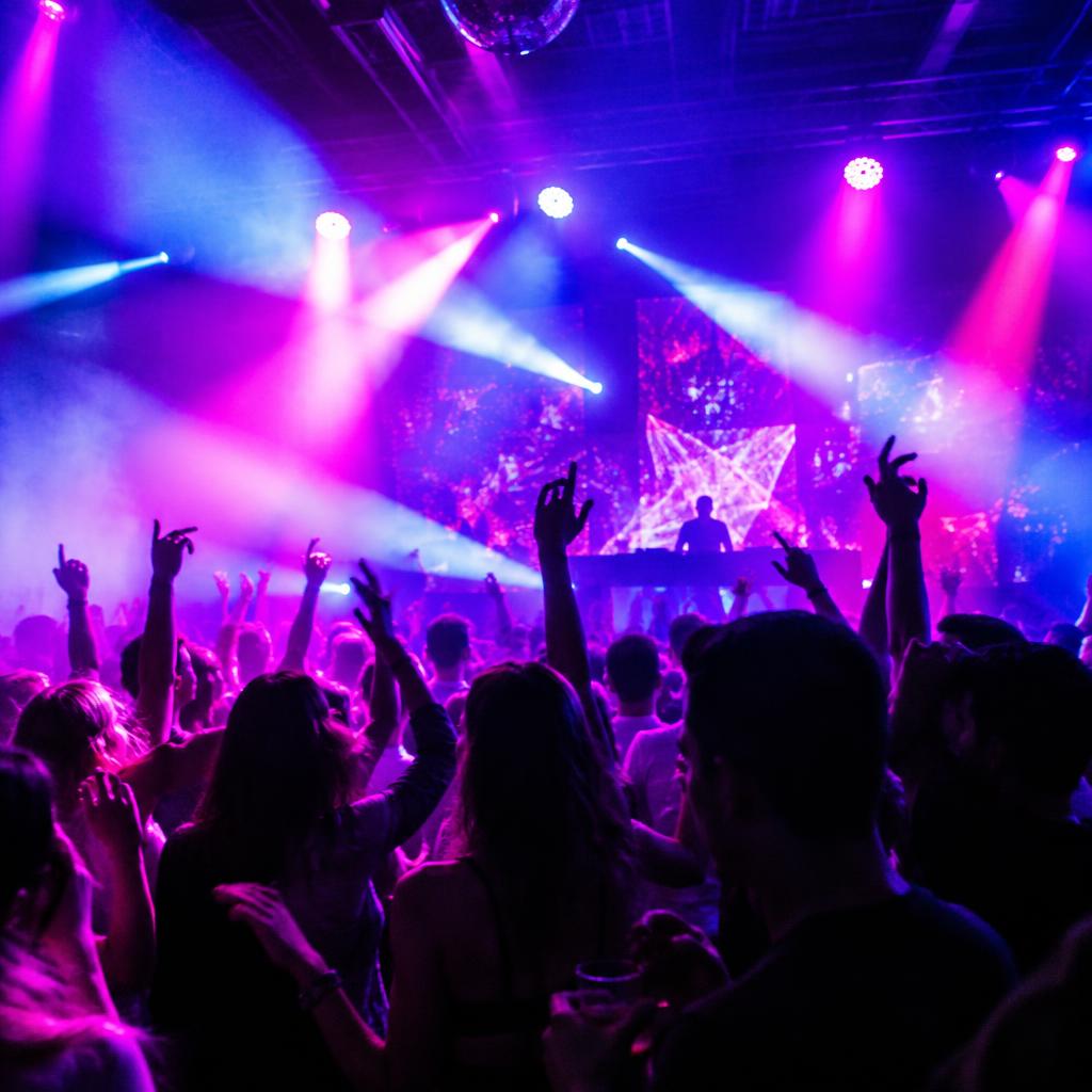 Crowd dancing under colorful stage lights